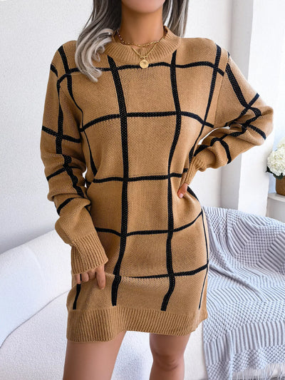 Plaid Pattern Long Sleeve Sweater Dress