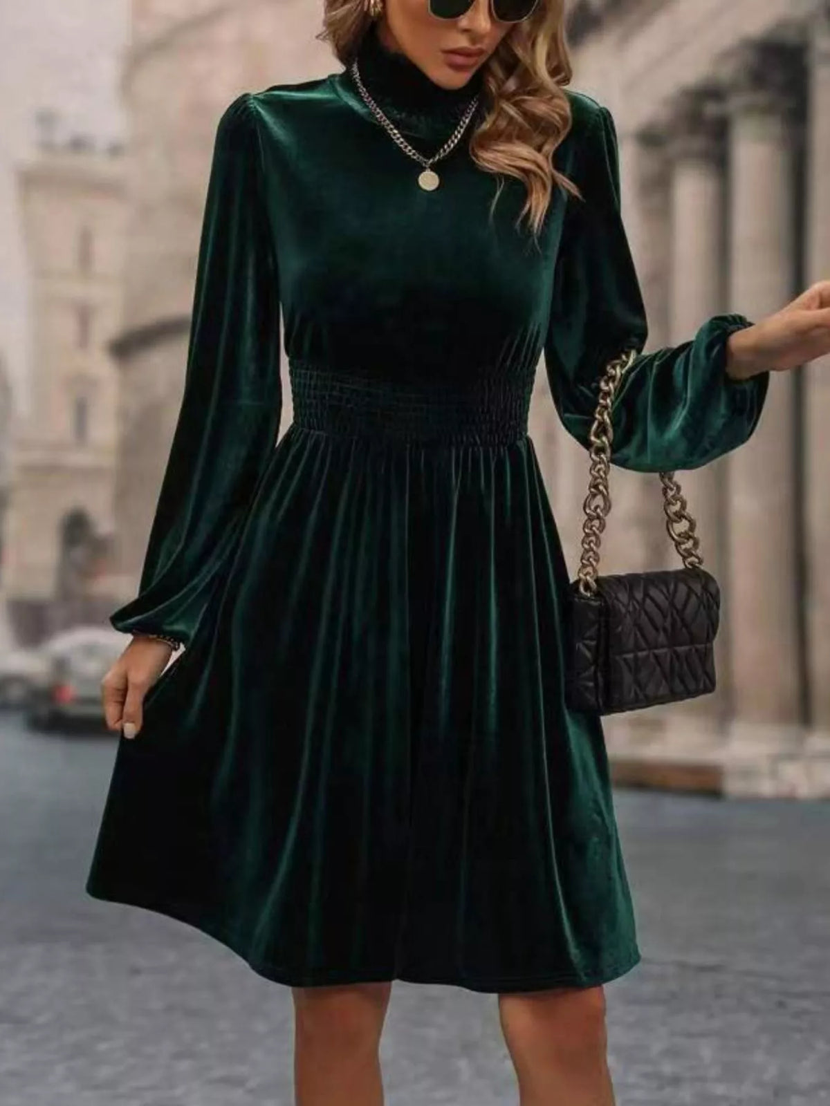 Velvet High Neck Long Sleeve A-Line Dress - alternate view 7