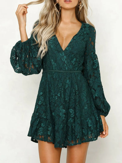 Lace V-Neck Long Sleeve Mini Dress - alternate view 2