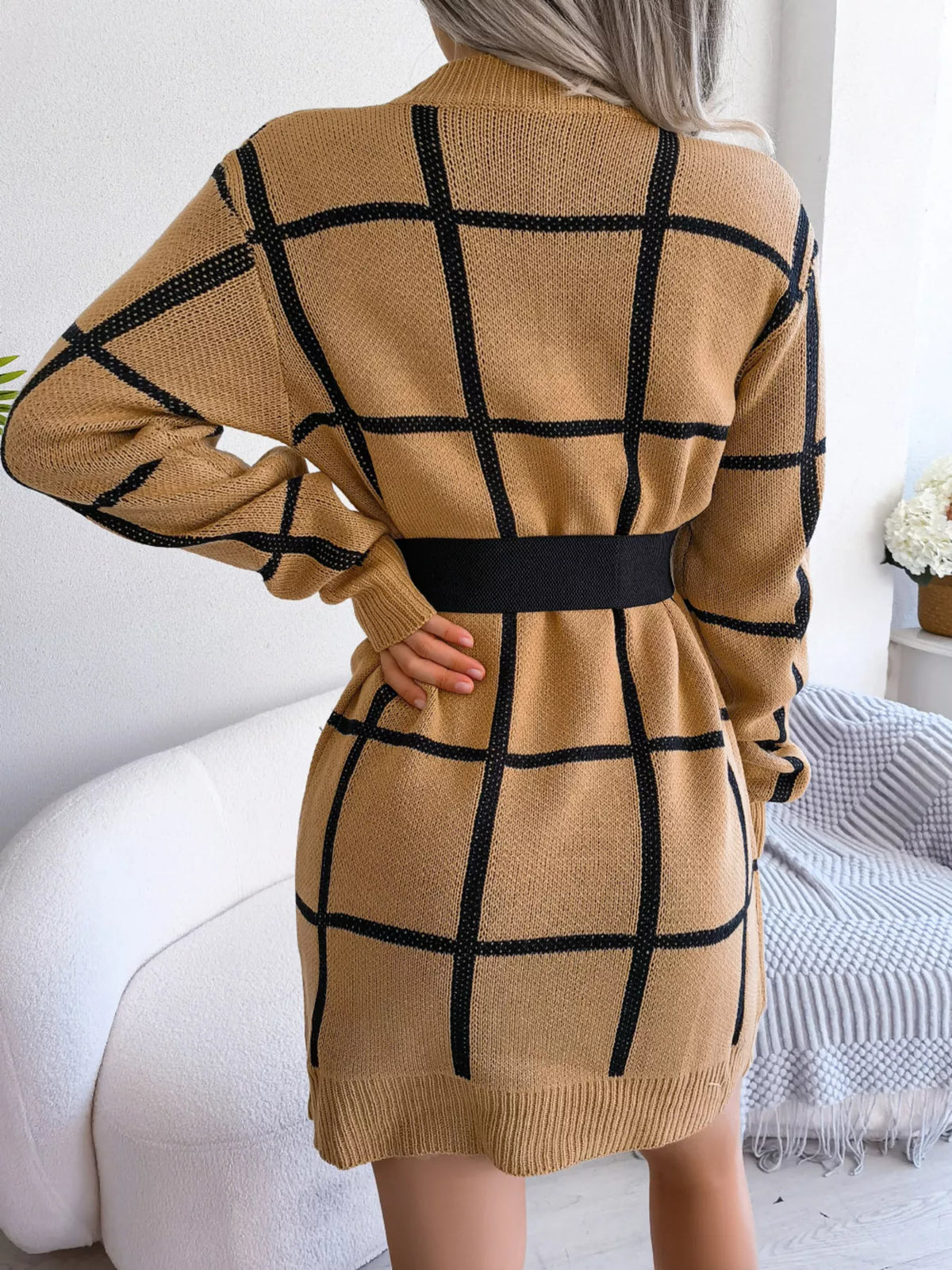 Plaid Pattern Long Sleeve Sweater Dress - alternate view 1