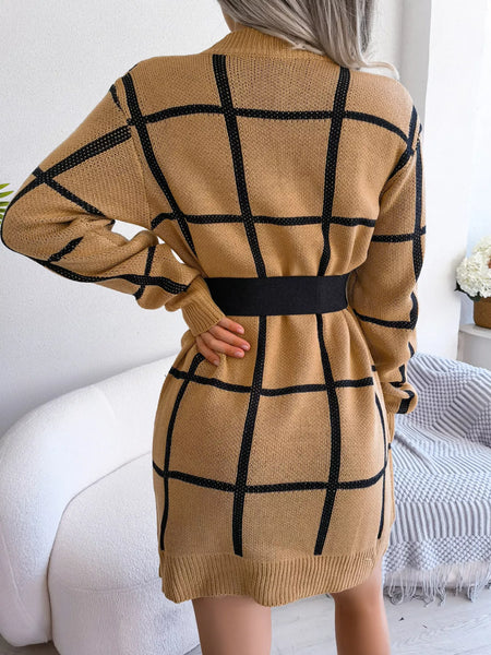 Plaid Pattern Long Sleeve Sweater Dress - alternate view 1