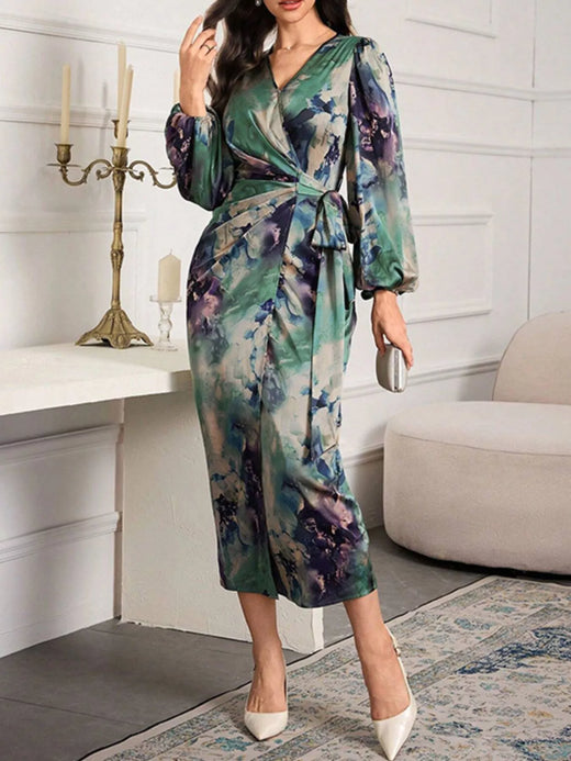 Printed Tie Waist Balloon Sleeve Dress - alternate view 5