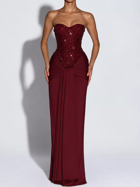 Elegant Strapless Sequin Corset Maxi Dress with Draped Waist Detail - alternate view 18