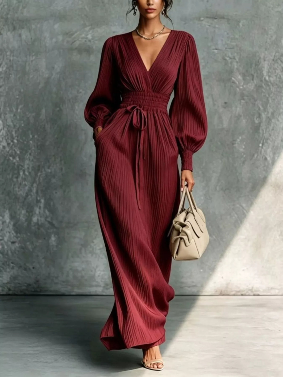 Elegant Pleated V-Neck Maxi Dress with Lantern Sleeves and Tie-Waist - alternate view 8