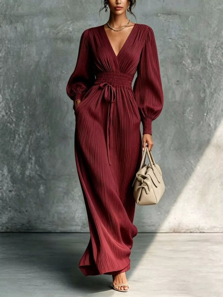 Elegant Pleated V-Neck Maxi Dress with Lantern Sleeves and Tie-Waist - alternate view 8