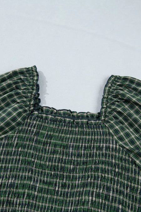 Plaid Square Neck Shirred High Waist Ruffle Hem Maxi Dress - alternate view 8