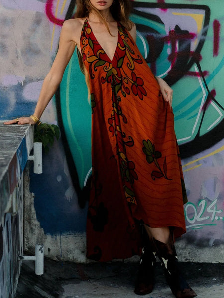 Asymmetrical Hem Printed Halter Neck Dress - alternate view 5