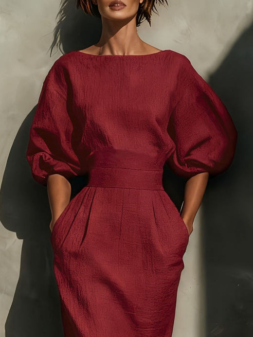 Round Neck Puff Sleeves Midi Dress - alternate view 6