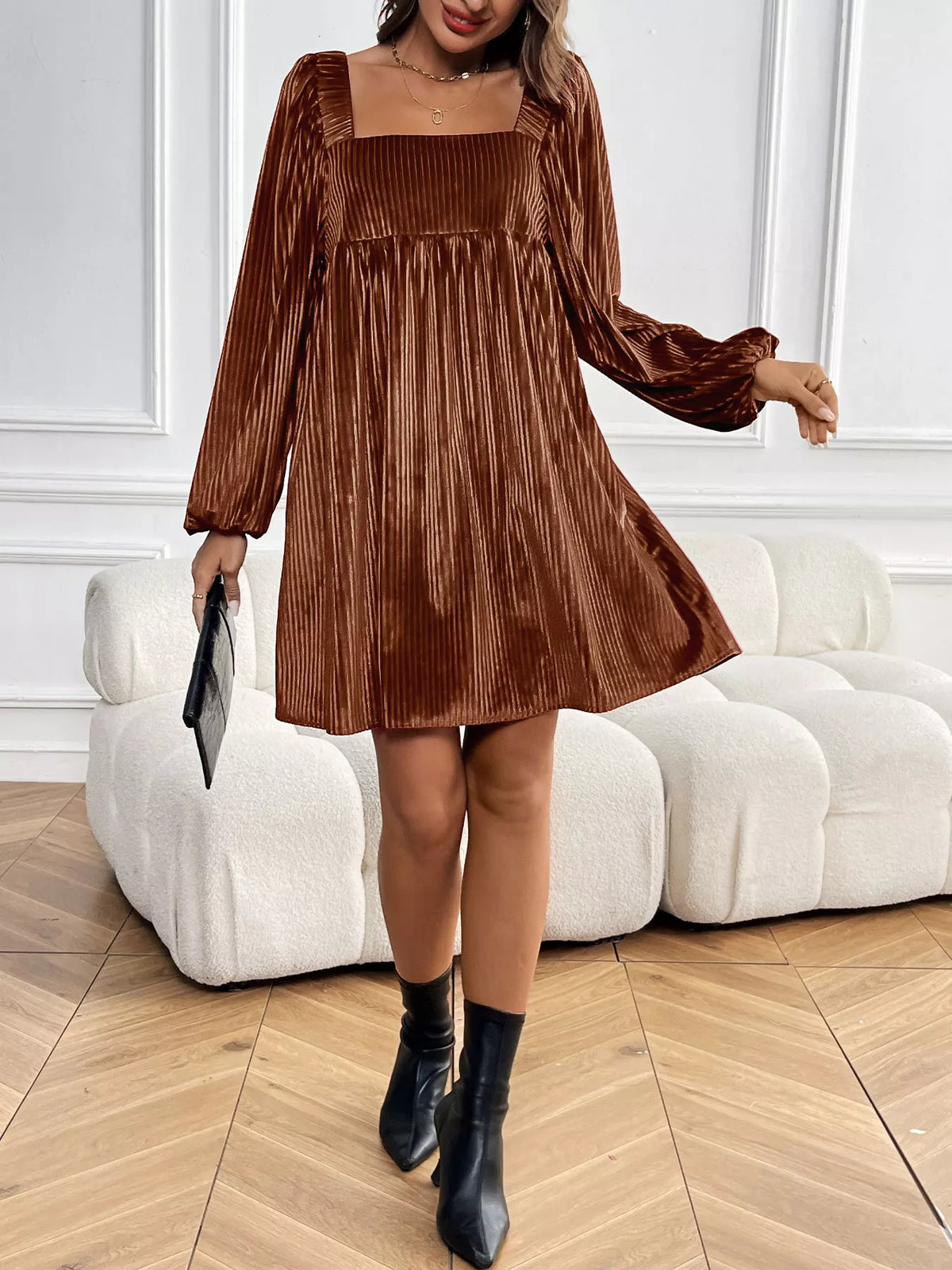 Velvet Square Neck Long Sleeve Dress - alternate view 6
