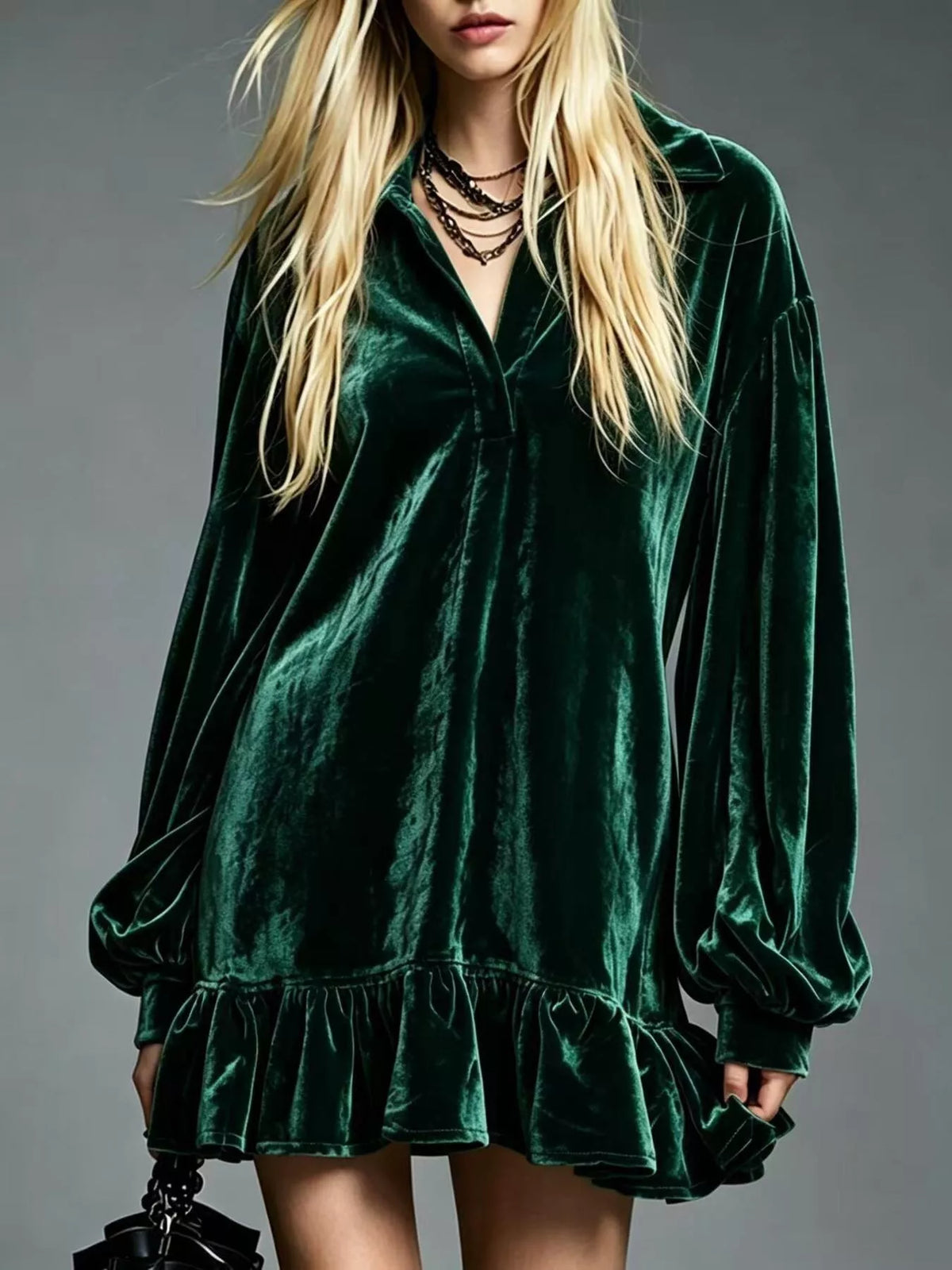 Full Size Velvet Long-Sleeve Ruffle Hem Mini Dress Plus Size - alternate view 4