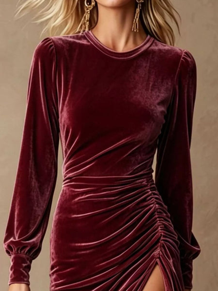 Velvet Ruched Long-Sleeve Slit Dress - alternate view 11
