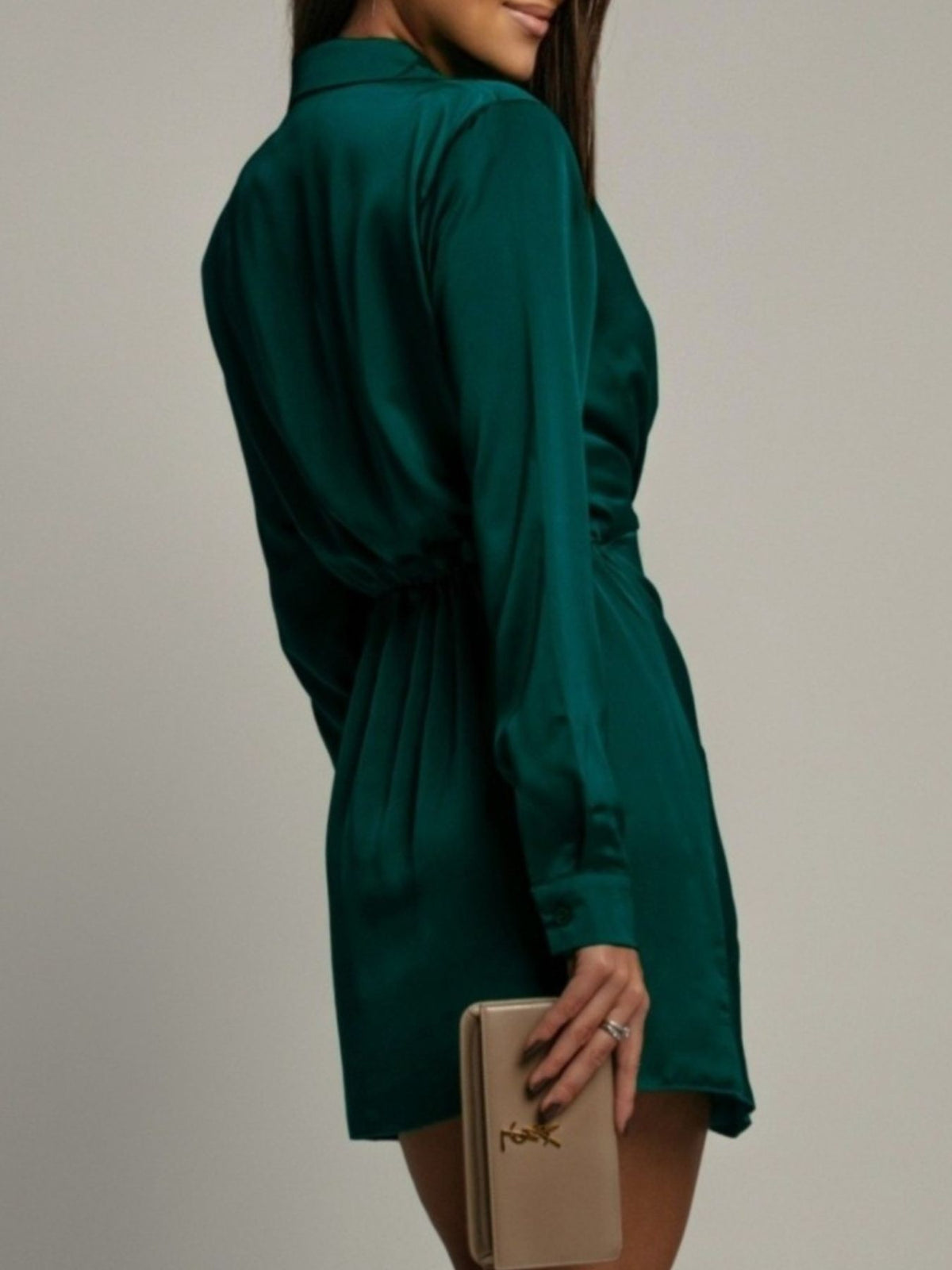 Collared Neck Long Sleeve Satin Dress - alternate view 10
