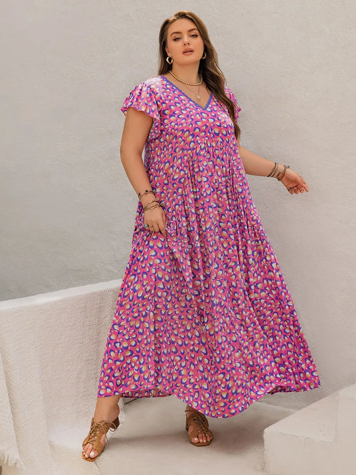 Printed V-Neck Flutter Sleeve Tie Waist Maxi Dress - alternate view 5