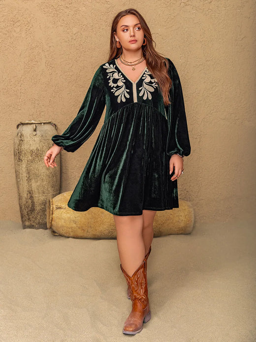 Embroidered V-Neck Long Sleeve Dress - alternate view 4