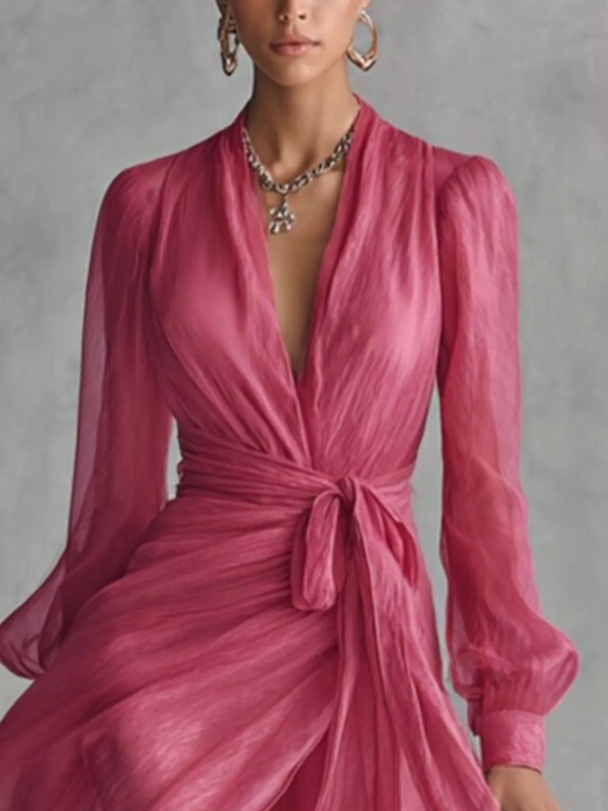 Long Sleeve Chiffon Wrap Maxi Dress with High Slit - alternate view 2