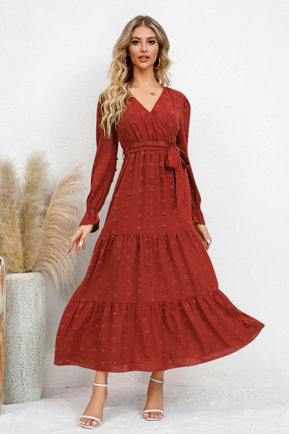 Swiss Dot Tied Surplice Flounce Sleeve Dress - alternate view 9