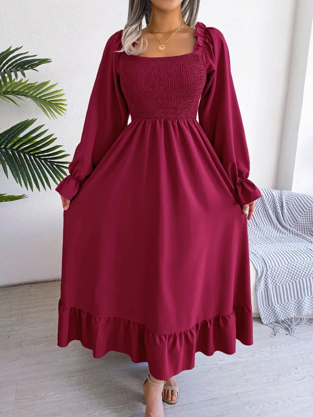 Smocked Square Neck Flounce Sleeve Dress - alternate view 8