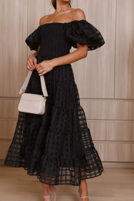 Off Shoulder Short Puff Sleeve Midi Dress - alternate view 19
