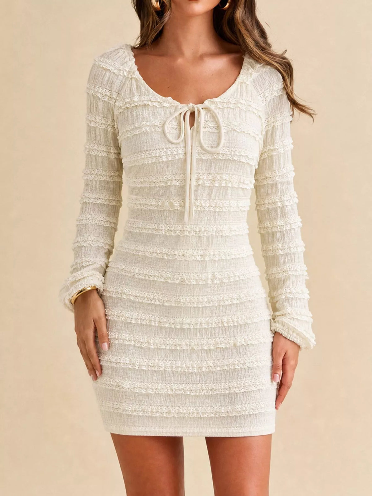 Textured Long-Sleeve Bodycon Mini Dress with Tie-Front - alternate view 3