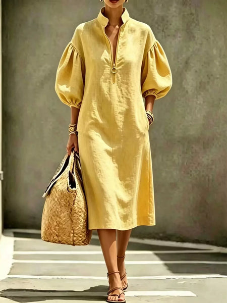 Half-Zip Puff Sleeve Midi Dress - alternate view 9