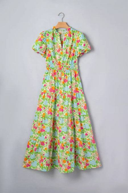 Floral Print V Neck Short Puff Sleeve Cotton Maxi Dress - alternate view 4