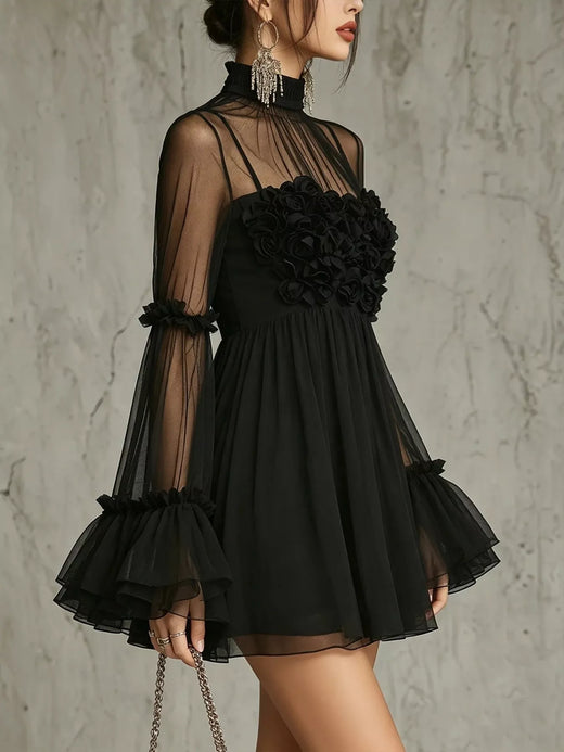 Sheer Mesh Flare Sleeve Mini Dress - alternate view 3