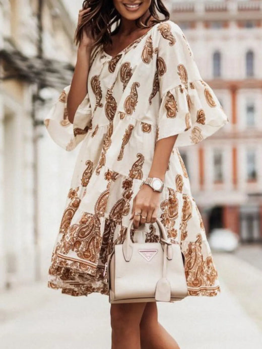 Paisley Print Tie Neck Half Sleeve Mini Dress
