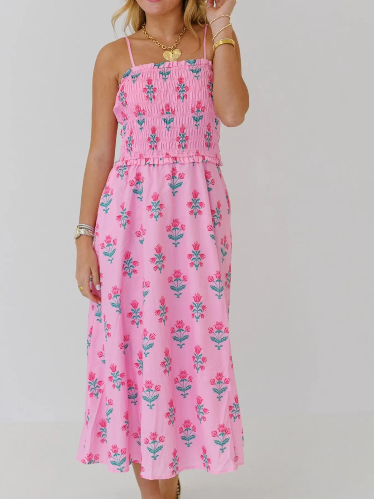 Floral Smocked Adjustable Strap Midi Cami Dress - alternate view 7