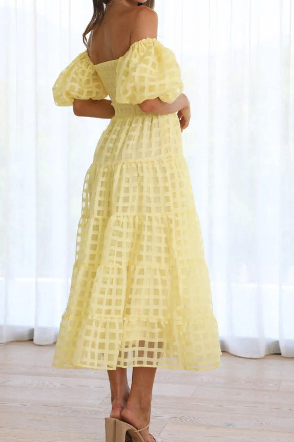 Off Shoulder Short Puff Sleeve Midi Dress - alternate view 9