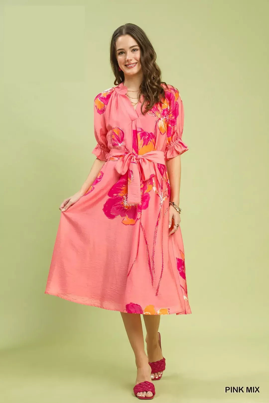 Floral Flounce Sleeve Midi Dress with Belted - alternate view 2
