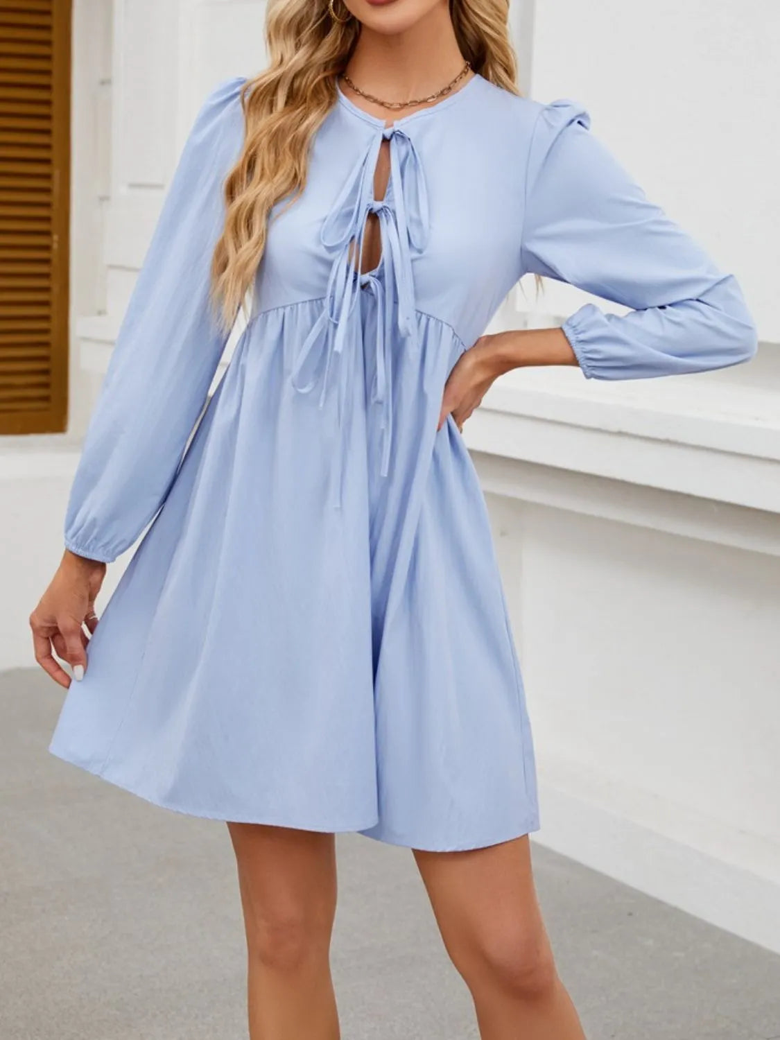 Tie Front Long Sleeve Mini Dress - alternate view 2