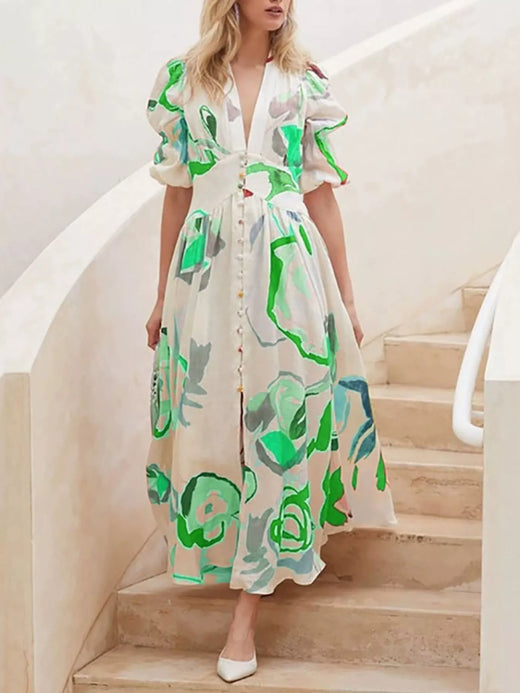 Puff Sleeve Midi Print Dress - alternate view 6