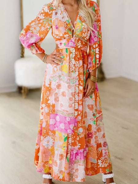 Vibrant Floral Long Sleeve Dress with Lace-Up Back - alternate view 3
