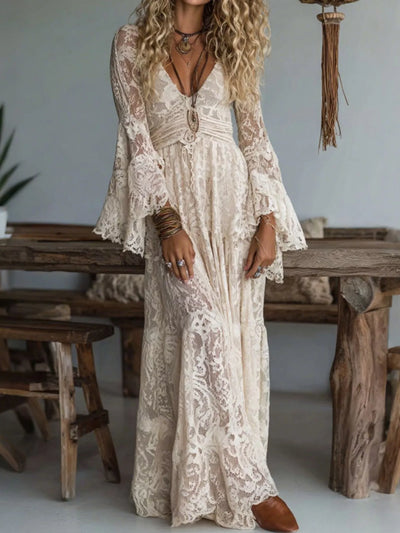 V-Neck Lace Flare Sleeve Maxi Dress