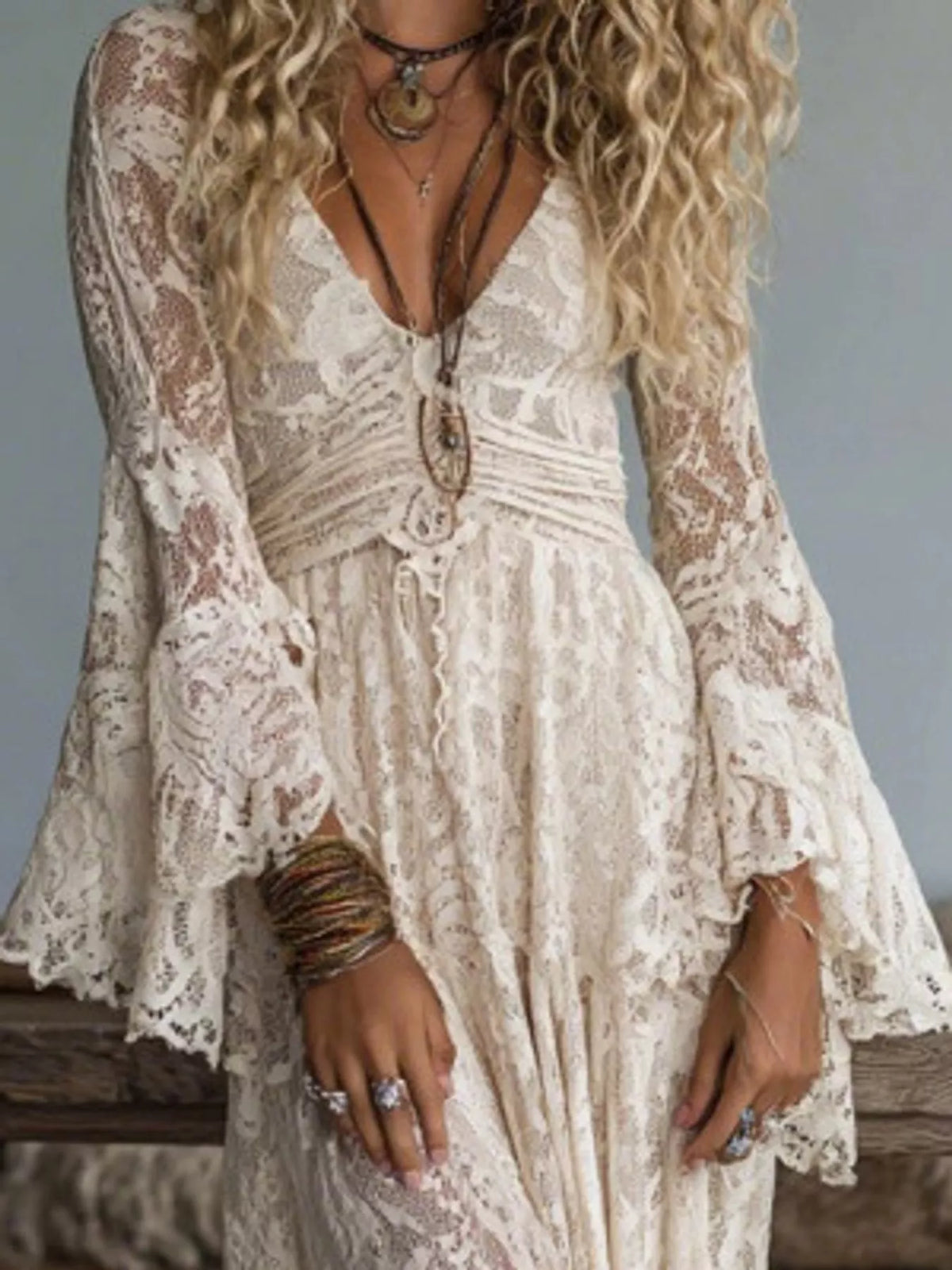 V-Neck Lace Flare Sleeve Maxi Dress - alternate view 3