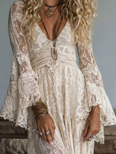V-Neck Lace Flare Sleeve Maxi Dress - alternate view 3