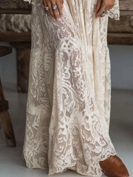 V-Neck Lace Flare Sleeve Maxi Dress - alternate view 2