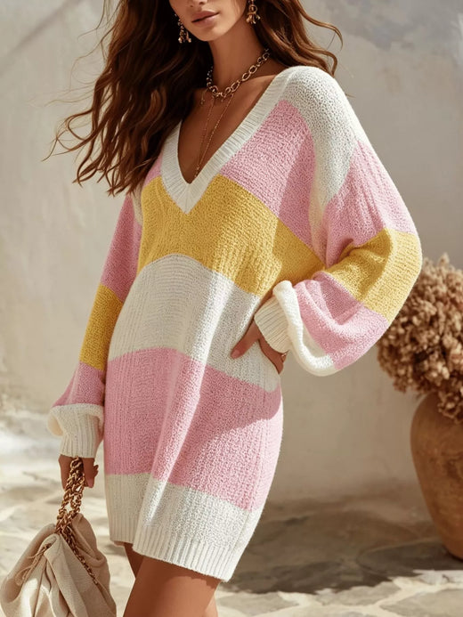 Color Block V-Neck Sweater Dress - alternate view 2