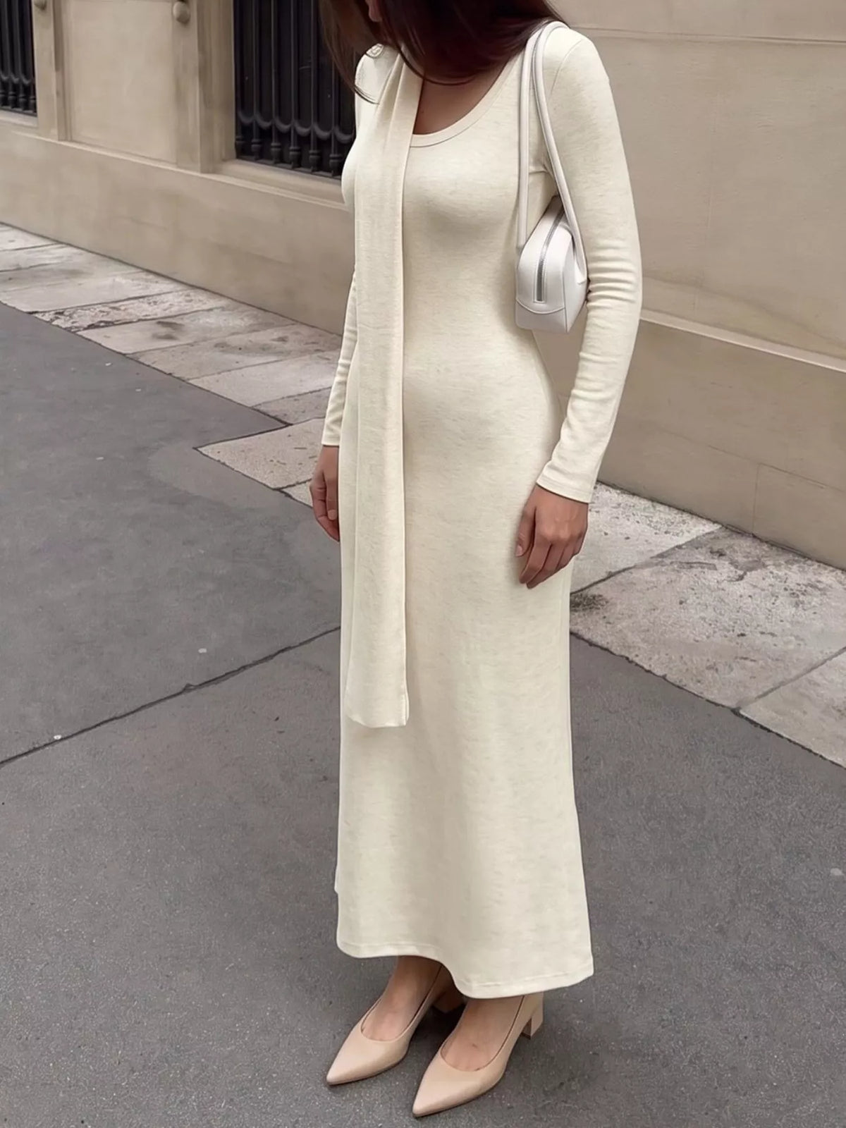 Round Neck Maxi Knit Dress with Matching Scarf - alternate view 6