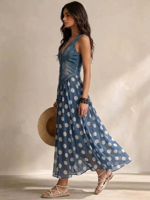 Polka Dot Denim Bodice Sleeveless Maxi Dress - alternate view 3