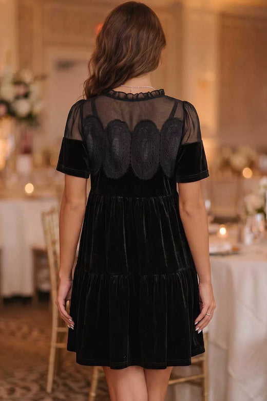 Embroidered Velvet Short Sleeve Mini Shift Dress - alternate view 2