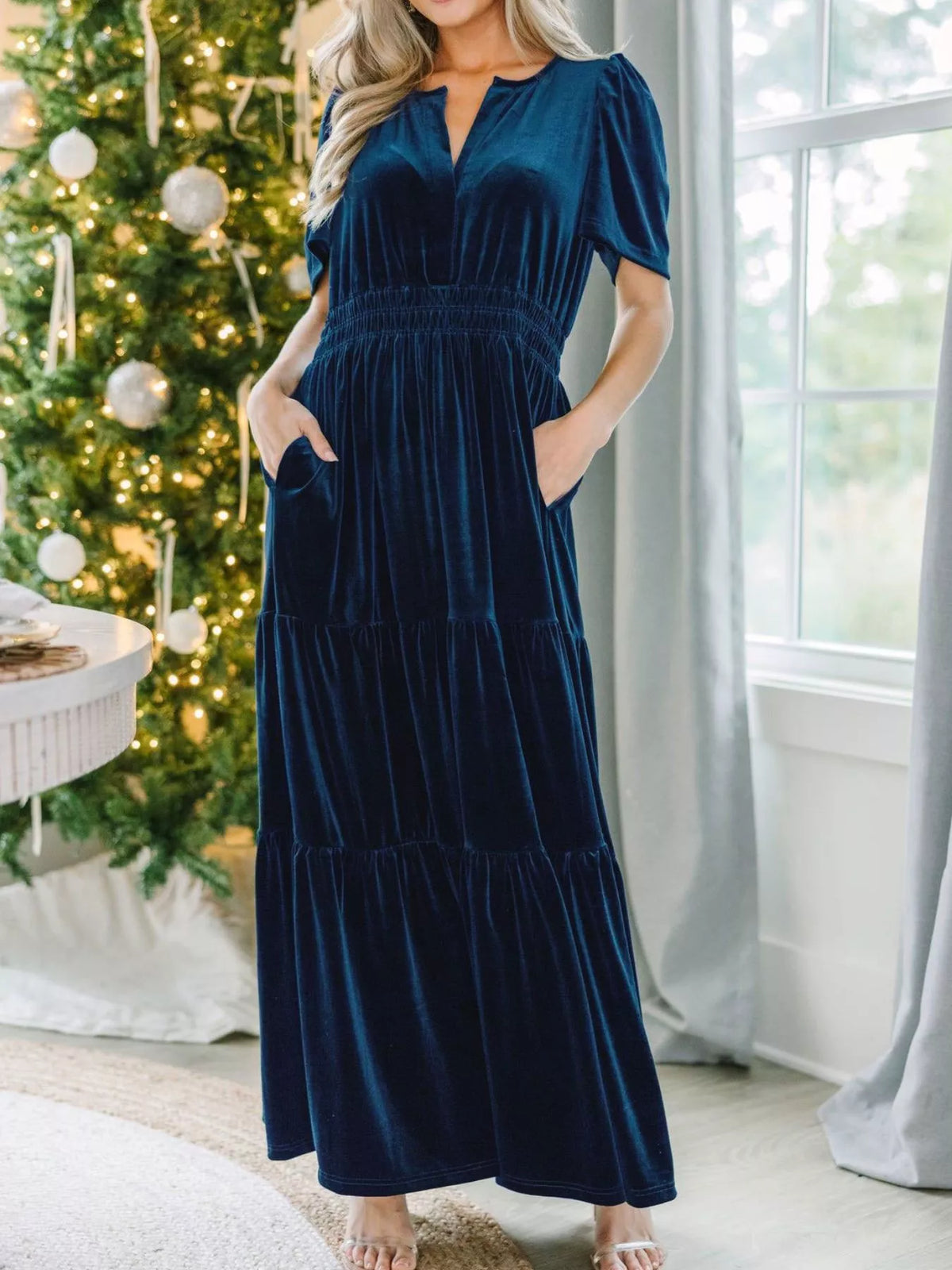 Velvet Tiered Short Sleeve Maxi Dress - alternate view 9