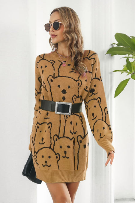 Bear Pattern Round Neck Sweater Dress - alternate view 2