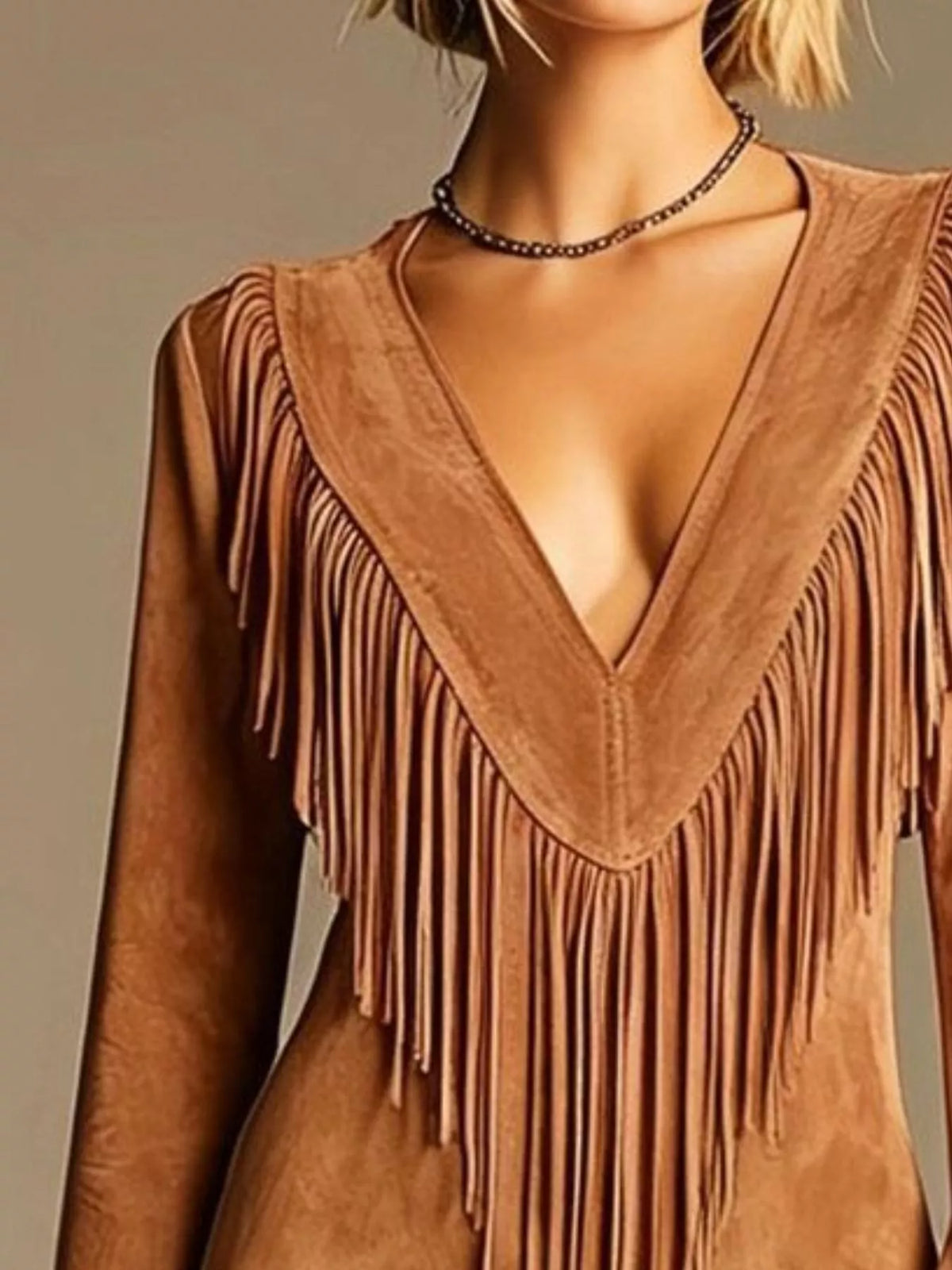 Boho Chic Fringed Suede V-Neck Mini Dress - alternate view 2