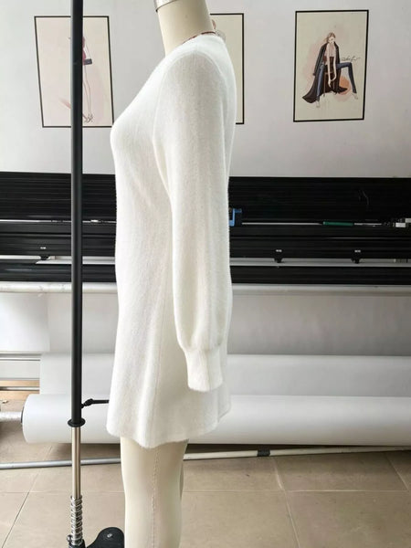 Fuzzy V-Neck Long Sleeve Sweater Dress - alternate view 9