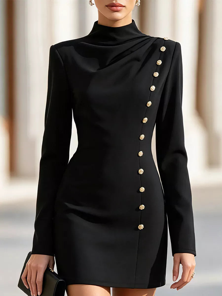 Mock Neck Long-Sleeve Bodycon Dress with Gold-Tone Button Detailing - alternate view 3