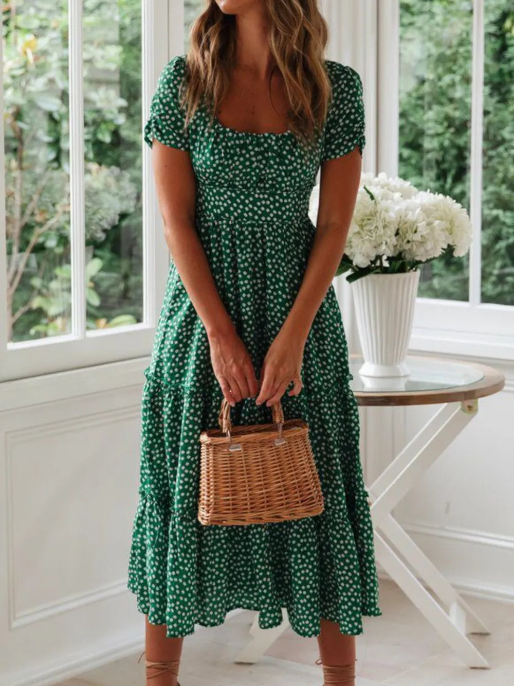 Printed Square Neck Short Sleeve Midi Dress - alternate view 3