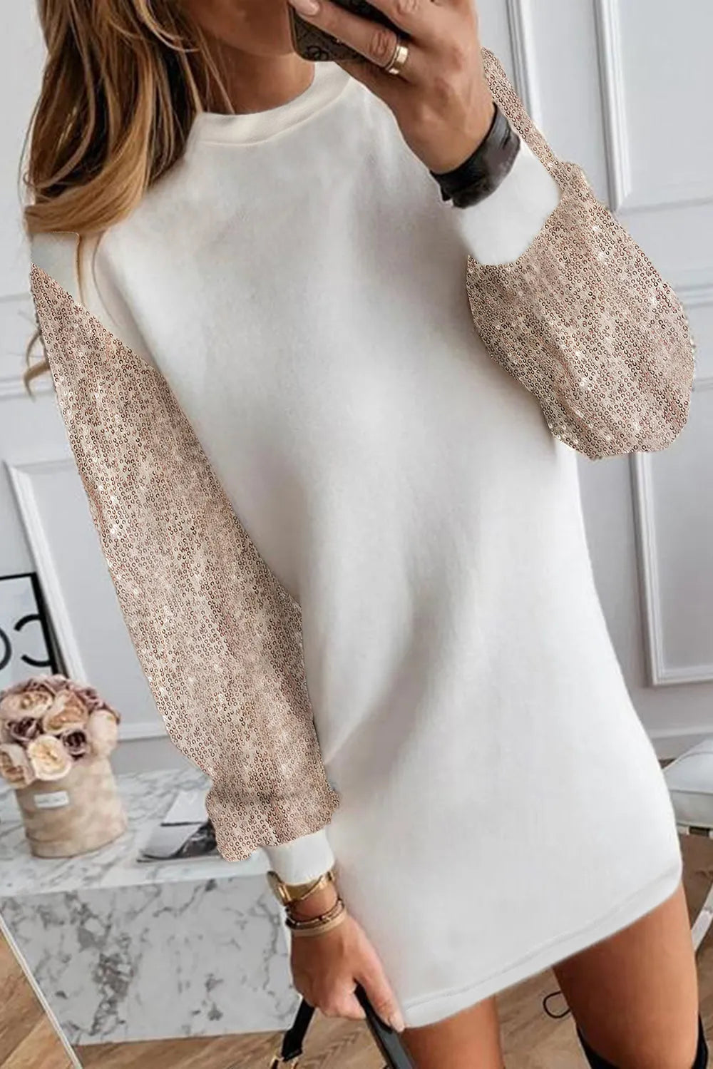 Sequin Long Sleeve Round Neck Mini Dress - alternate view 2