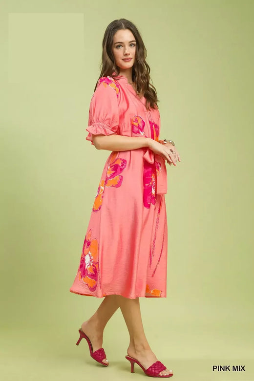 Floral Flounce Sleeve Midi Dress with Belted - alternate view 3