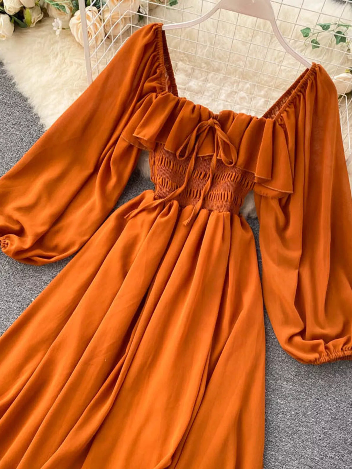 Ruffle Square Neck Balloon Sleeve A-Line Dress - alternate view 3